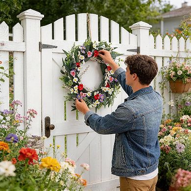 20 Inch Artificial Colorful Flower Wreath with Eucalyptus Leaves, Daisies, and Mixed Blooms