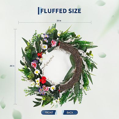 20 Inch Artificial Colorful Flower Wreath with Eucalyptus Leaves, Daisies, and Mixed Blooms