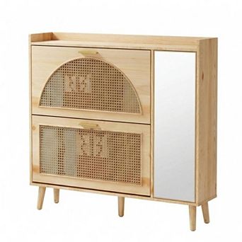 Rattan Shoe Cabinet with Flip Drawers and Mirror Freestanding Entryway Shoe Storage with Shelves