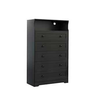 5 Drawer Wooden Dressers for Bedroom with LED Lights & Charging Station, Modern Nightstand