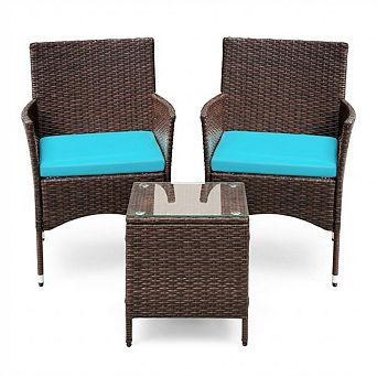 3 pc Patio Bistro Set, Outdoor PE Rattan Wicker Furniture Set w/2 Chairs& Glass Top Coffee Table