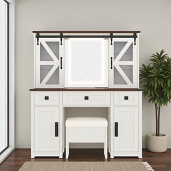 Lufeiya Makeup Vanity Desk with Lighted Mirror, Dressing Table with Storage Stool,Charging Station