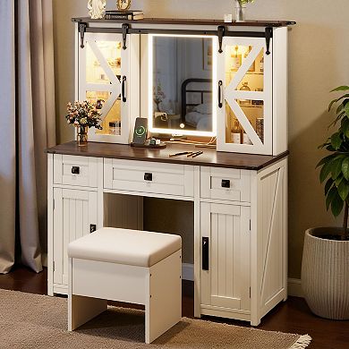 Lufeiya Makeup Vanity Desk with Lighted Mirror, Dressing Table with Storage Stool,Charging Station