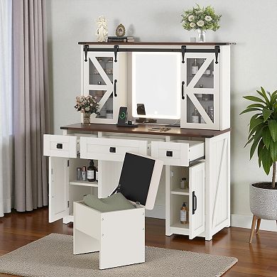 Lufeiya Makeup Vanity Desk with Lighted Mirror, Dressing Table with Storage Stool,Charging Station