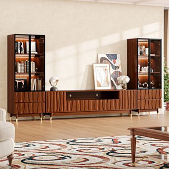 125.9'' Entertainment Center, Wood Media Console, TV Stand & Two 3 tier Display Case for Living Room