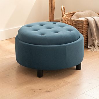 Lufeiya Round Upholstered Storage Ottoman Footstool with Reversible Lid, Fleece Fabric Tufted Seat