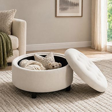 Lufeiya Round Upholstered Storage Ottoman Footstool with Reversible Lid, Fleece Fabric