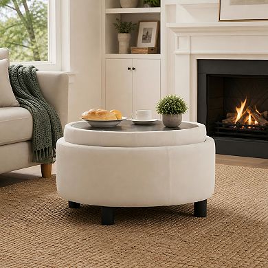 Lufeiya Round Upholstered Storage Ottoman Footstool with Reversible Lid, Fleece Fabric