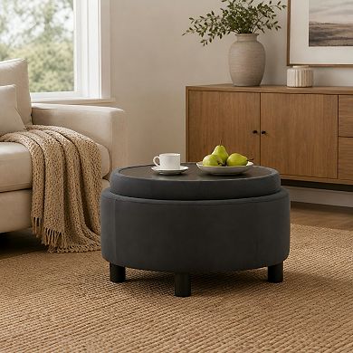 Lufeiya Round Upholstered Storage Ottoman Footstool with Reversible Lid, Fleece Fabric
