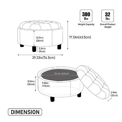 Lufeiya Round Upholstered Storage Ottoman Footstool with Reversible Lid, Fleece Fabric