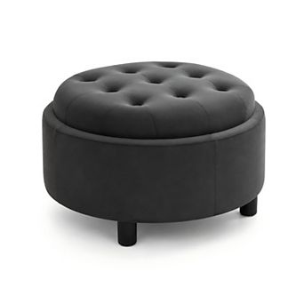 Lufeiya Round Upholstered Storage Ottoman Footstool with Reversible Lid, Fleece Fabric