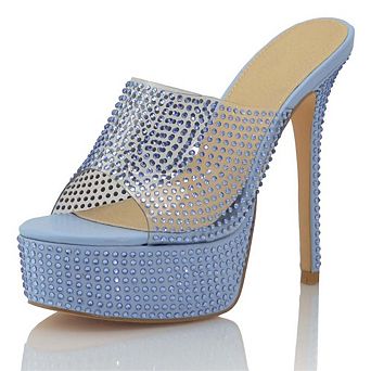 Clear Rhinestone Studded Platform Stiletto Mule Sandals