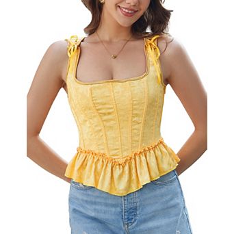 Womens Floral Ruffle Hem Tie Strap Tank Top Slim Fit Square Neck Sleeveless Corset Bustier Crop Tops