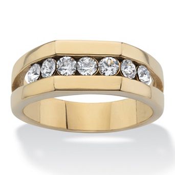 Men's Round Crystal Gold Ion-Plated Stainless Steel Squared Wedding Band Ring