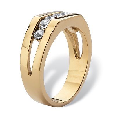 Men's Round Crystal Gold Ion-Plated Stainless Steel Squared Wedding Band Ring