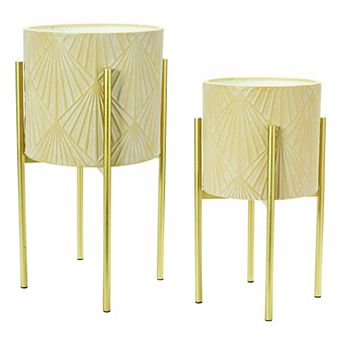 Hello Honey Modern Boho Embossed Metal Planters with Stands, Set of 2 Sizes