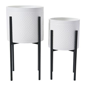Hello Honey Modern Boho Embossed Metal Planters with Stands, Set of 2 Sizes