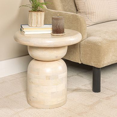 Hello Honey Round Mango Wood Accent Table with Stacked End Grain Base