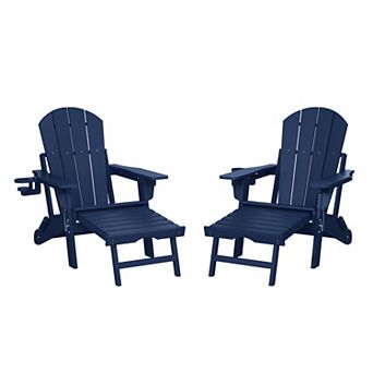 Folding Adjustable Adirondack Chair with Retractable Ottoman and Cup Holder (Set of 2)