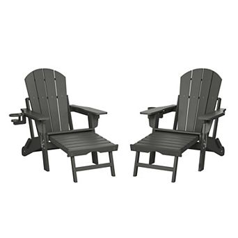 Folding Adjustable Adirondack Chair with Retractable Ottoman and Cup Holder (Set of 2)