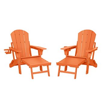 Folding Adjustable Adirondack Chair with Retractable Ottoman and Cup Holder (Set of 2)