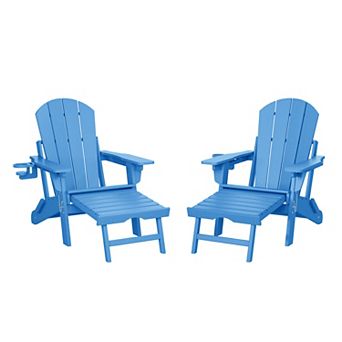 Folding Adjustable Adirondack Chair with Retractable Ottoman and Cup Holder (Set of 2)