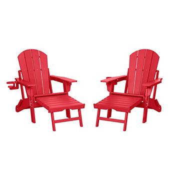Folding Adjustable Adirondack Chair with Retractable Ottoman and Cup Holder (Set of 2)