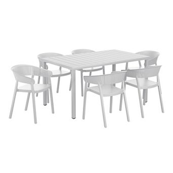 7 pc Outdoor Metal Rectangle Patio Dining Table Set With Stackable Patio Dining Chairs