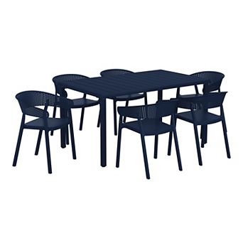 7 pc Outdoor Metal Rectangle Patio Dining Table Set With Stackable Patio Dining Chairs