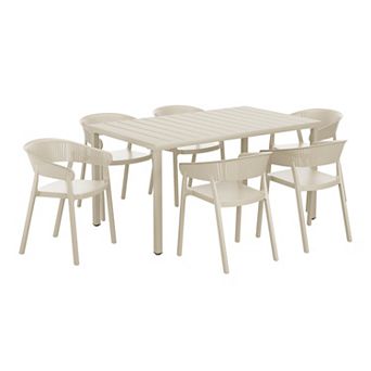 7 pc Outdoor Metal Rectangle Patio Dining Table Set With Stackable Patio Dining Chairs