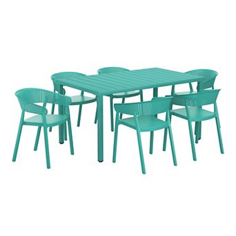7 pc Outdoor Metal Rectangle Patio Dining Table Set With Stackable Patio Dining Chairs