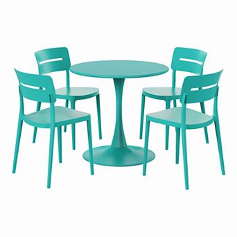 5 pc Outdoor Indoor Round Metal Patio Dining Table Set With Stackable Patio Chairs
