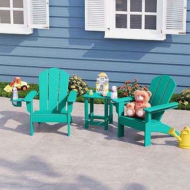 3-Piece Kids HDPE Adirondack Chairs Set with Square Side Table and Cup Holders
