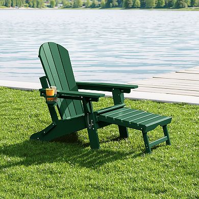 Folding Adjustable Adirondack Chair with Retractable Ottoman and Cup Holder