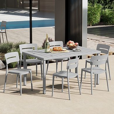7-Piece Outdoor Rectangular Metal Patio Dining Table Set With Stackable Patio Chairs