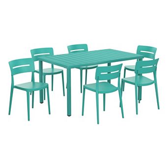 7 pc Outdoor Rectangular Metal Patio Dining Table Set With Stackable Patio Chairs