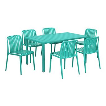 7 pc Outdoor Patio Dining Table Set With Stackable Patio Chairs