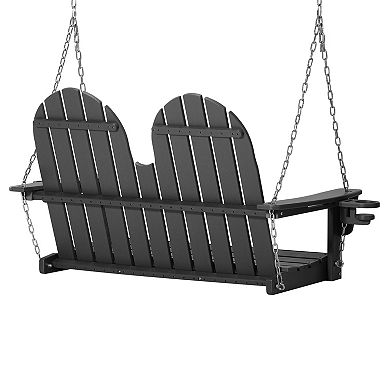 4ft Outdoor HDPE Poly Farmhouse Hanging Porch Swing With Cup Holders