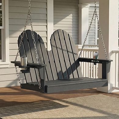 4ft Outdoor HDPE Poly Farmhouse Hanging Porch Swing With Cup Holders