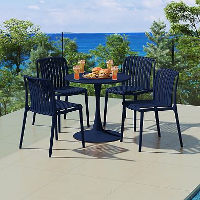 5-Piece Outdoor Metal Dining Table Set And Stackable Resin Patio Chairs