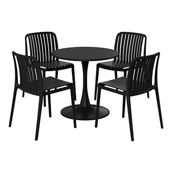5 pc Outdoor Metal Dining Table Set And Stackable Resin Patio Chairs