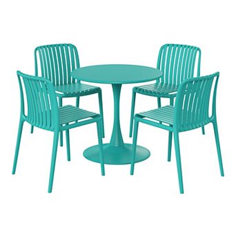 5 pc Outdoor Metal Dining Table Set And Stackable Resin Patio Chairs