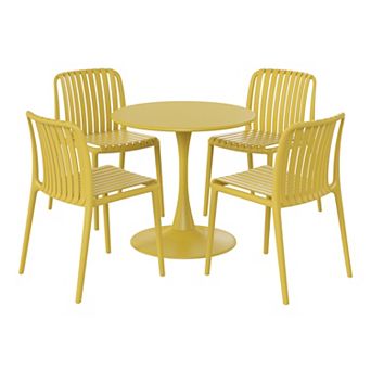 5 pc Outdoor Metal Dining Table Set And Stackable Resin Patio Chairs