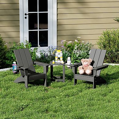 3-Piece Kids HDPE Modern Adirondack Chairs Set with Square Side Table and Cup Holders
