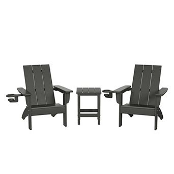 3 pc Kids HDPE Modern Adirondack Chairs Set with Square Side Table and Cup Holders