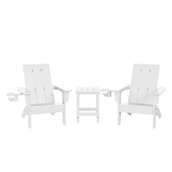 3 pc Kids HDPE Modern Adirondack Chairs Set with Square Side Table and Cup Holders