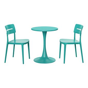 3 pc Outdoor Round Metal Patio Dining Table Set With Stackable Patio Chairs