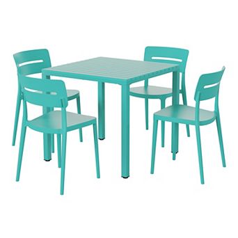 5 pc Outdoor Metal Frame Dining Table Patio Set with Stackable Patio Dining Chairs