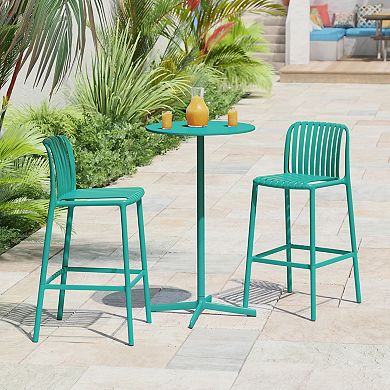 29.5" Outdoor Modern Polypropylene Plastic Patio Bar Height Stools (Set of 2)