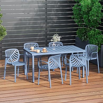 7-Piece Outdoor Metal Rectangle Patio Dining Table Set With Stackable Resin Patio Dining Chairs
